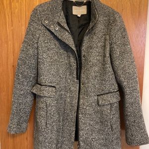 Grey Tweed Pea Coat with leather detailed collar